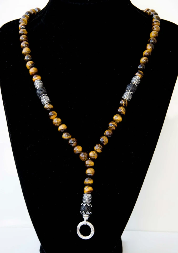 Herren Damen Tigeraugen Rosenkranz Halbedelstein Halskette Gebets Edelstahl Neu - Bild 1 von 4