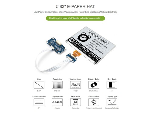 Waveshare 5.83" E-Paper Display HAT For Raspberry Pi 648×480 Black/White SPI - Picture 8 of 10
