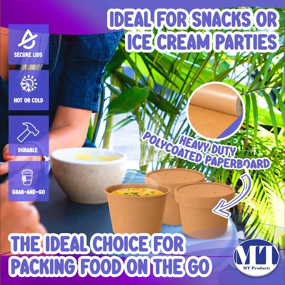 Одноразовые коричневые бумажные суповые чашки с крышками MT Products 8 унций — набор из 20 штук - Изображение 4 из 4