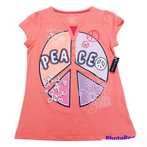 Faded Glory Girls Coral PEACE T-Shirt-14/16-Cap Sleeves-Multicolor Graphics