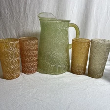 Vintage Spaghetti String Splatter Glass Pitcher and 4Tumblers Glasses