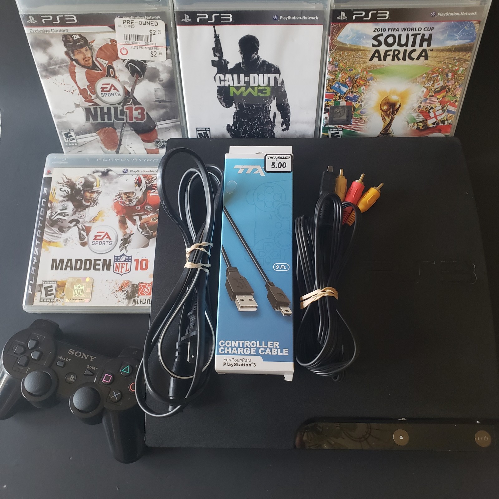 Sony PlayStation 3 PS3 CECH-2001A 120GB Slim w/ Controller Cords & 4 Games Works