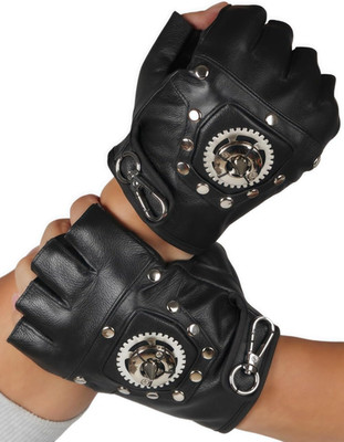 Steampunk Studded Leather Fingerless Gloves with Gear Detail, Black