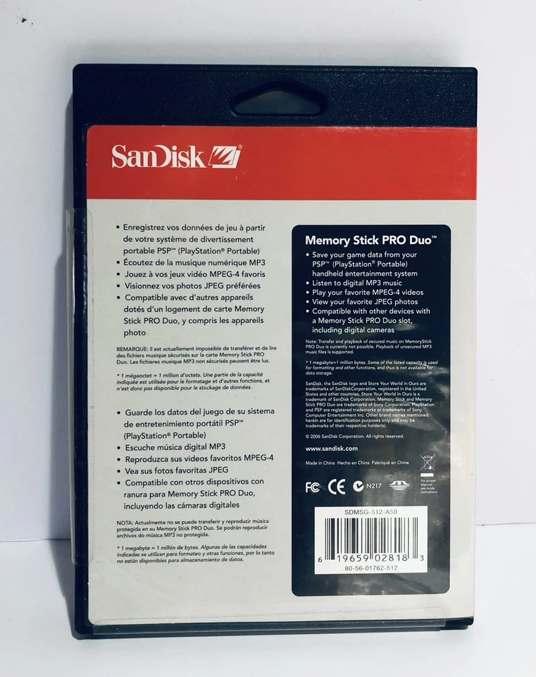 SanDisk SD 512MB Memory Stick PRO Duo Card - SDMSPD-512-A50 New Sealed - Image 2 of 4