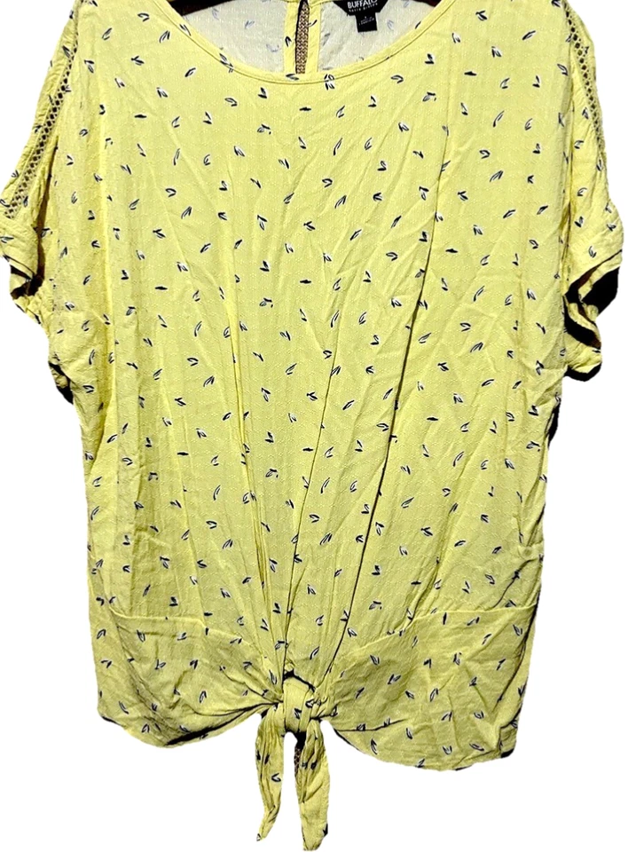 Blusa Camisa Campesina Buffalo Top L Linda Amarilla Corbata Frontal Rayón Popover Para Mujer Foto 2 de 4