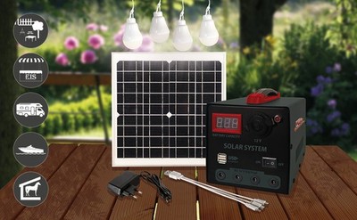 MAUK Solar Power Pack Station Komplett Set 12V Notstrom/Licht 15W 7 Ah 4LED