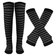 Tongcloud Womens Socks Striped Knee High Socks Arm Warmer Black and Gray