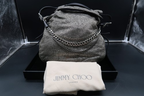AUTH JIMMY CHOO Blake Metallic Silver Leather 3-Chain Biker Boho Hobo Bag Medium
