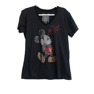 Disney Womens Size XL Mickey Mouse Striped V-Neck T-Shirt In