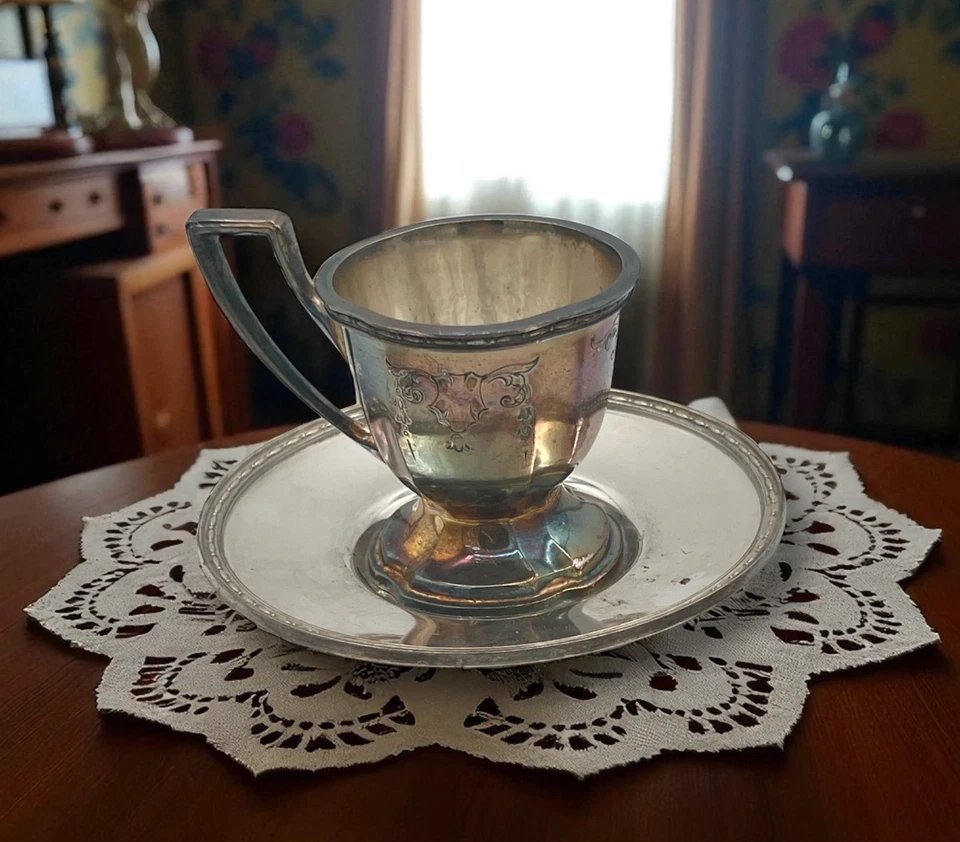 Vintage Chippendale EPNS Silverplate Demitasse Cups & Saucers Set of 10 Pat.1914 - Image 3 of 4