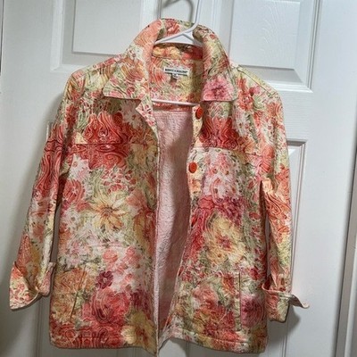 Rebecca Malone Floral Paisley Jacket Orange Pink Green M Button Front Women's