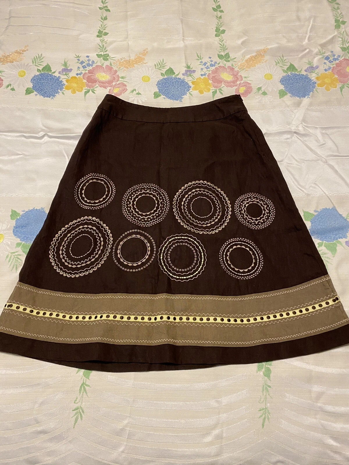 NWT Talbots Sz. 6 Brown Geometric & Circular Pattern Embroidered Side-Zip Skirt