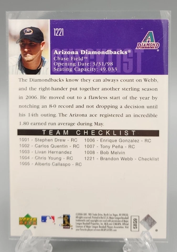 2006 Upper Deck Checklist Gold /99 Brandon Webb #1221 - Image 2 of 4