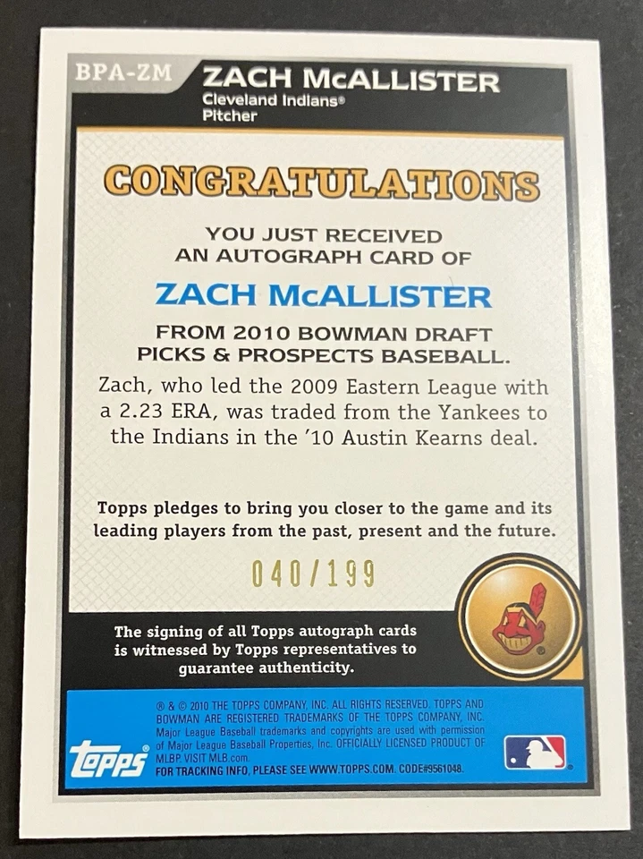ZACH McALLISTER /199 BLUE AUTO 2010 BOWMAN PROSPECTS #BPA-ZM - Image 2 of 2