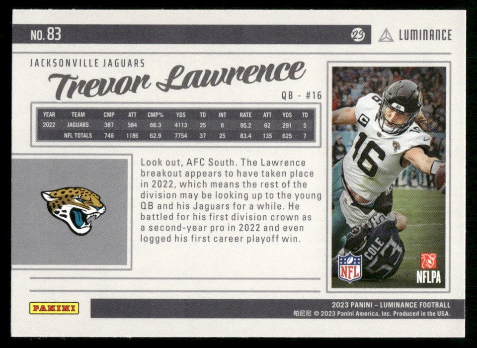#83 Trevor Lawrence 2023 Panini Luminance #/150 Blue - Image 2 of 2