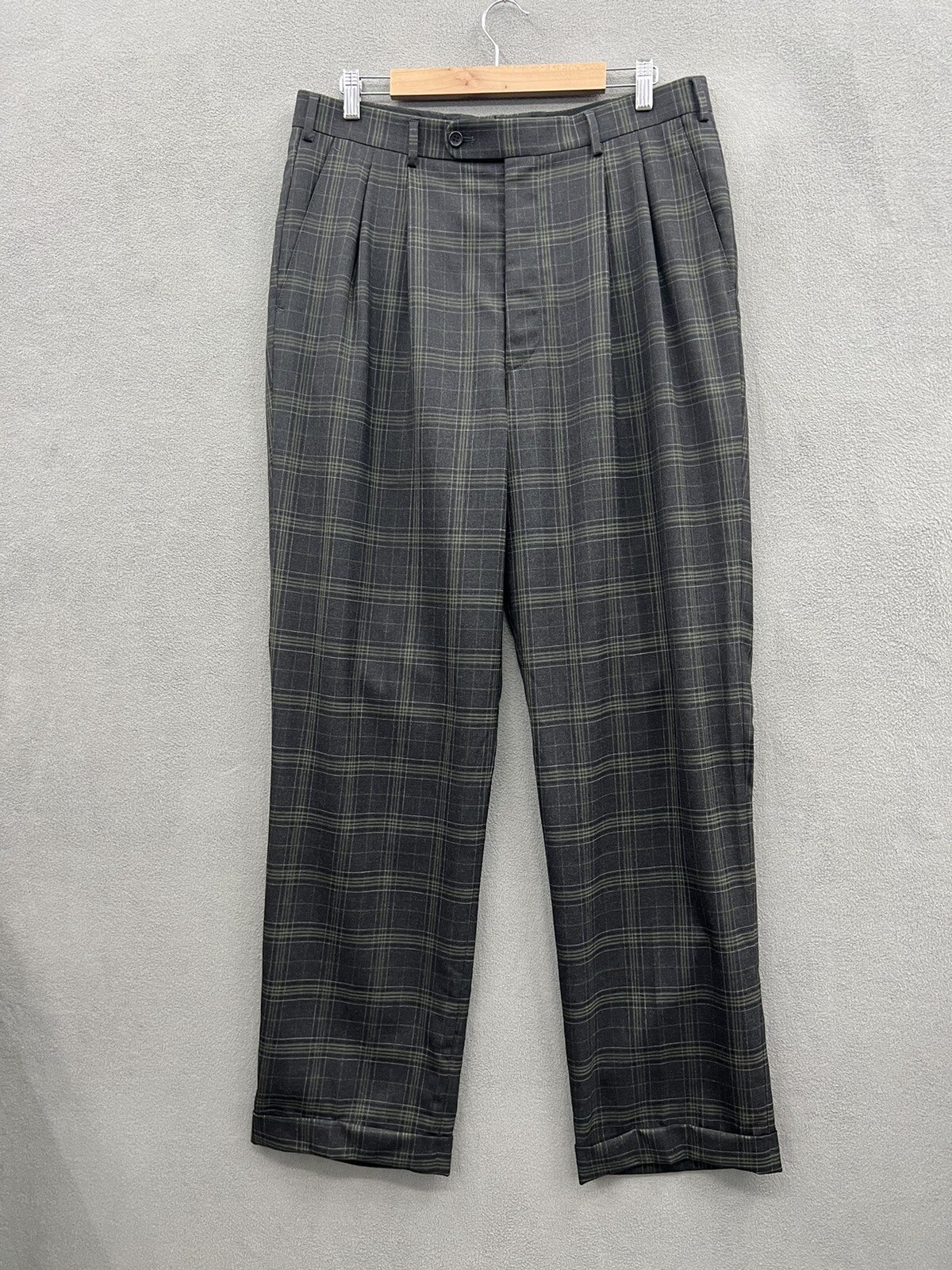 HILTL Men's 36x38 Navy Green Plaid Wool Pleated Cuffed Dress Pants