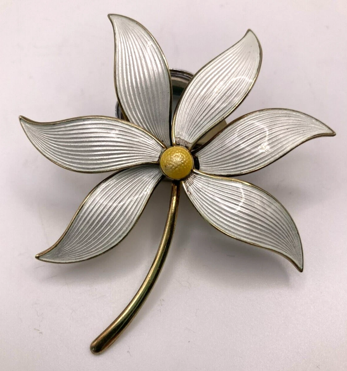 Rare Aksel Holmsen Norway 925S Sterling Gold Vermeil 6 Petal White Daisy Brooch