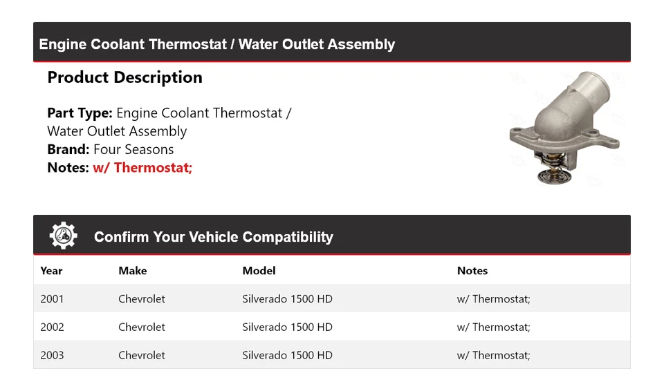 01-03 Chevrolet Silverado 1500 HD Termostato de refrigerante/Salida de agua Conjunto 4 estaciones Foto 2 de 4