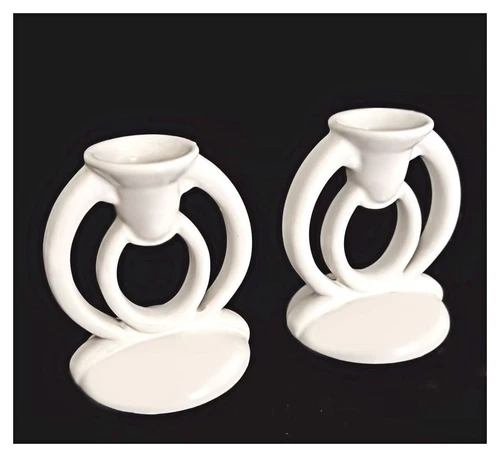 J A BAUER POTTERY  Set of 2 Cal-Art Candle Holders #520, Matte White, Excellent