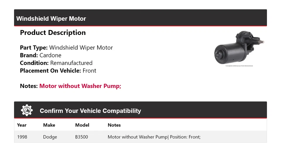 For 1998 Dodge B3500 Windshield Wiper Motor Front Cardone - Image 2 of 4