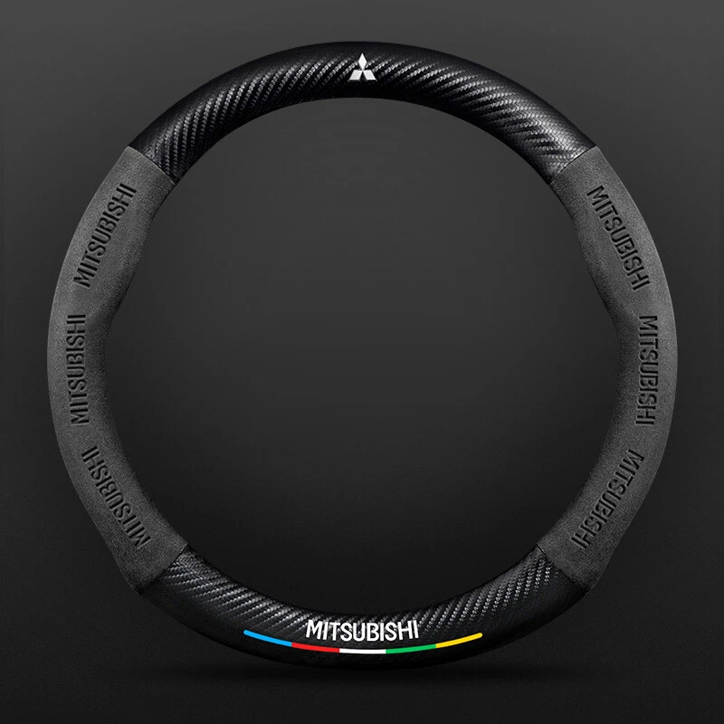 15" Black Suede Leather Carbon Fiber Car Steering Wheel Cover For Mitsubishi - Image 2 of 4