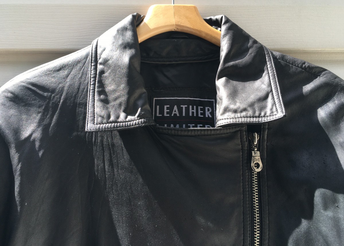 Motorcycle Jacket WN SZ LARGE BLACK LEATHER W/ Zip Cuffs Zip Line