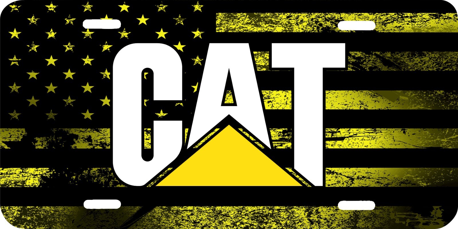 CAT CATERPILLAR DISTRESSED YELLOW AMERICAN FLAG LICENSE PLATE TRACTOR