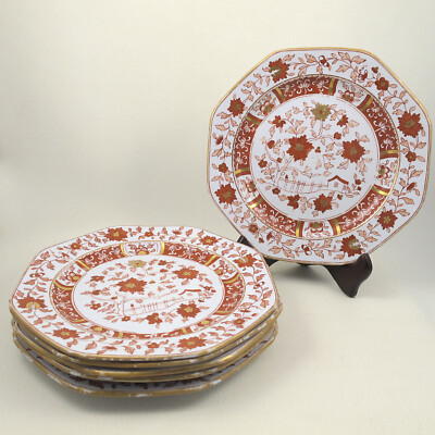 c1867 MINTON Hand Painted Porcelain Chinoiseries 6 Octagonal Dessert Plates Rust