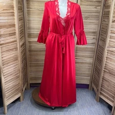 Henson Kickernick Vintage Red Lace Trim Long Robe & Lightweight Gown Set Size M