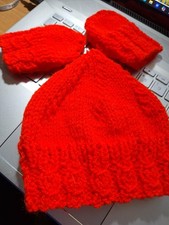 Newborn Baby Red Hat Free Mittens Cables Hand Knitted Gift for Charity H245