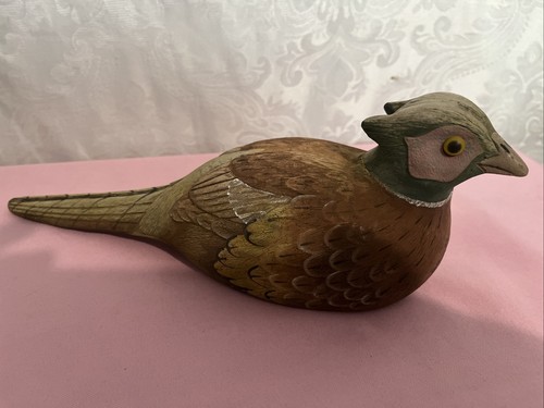 Vintage 12" Hand Painted & Carved Wooden Hooded Ring Necked Pheasant Wood Decoy