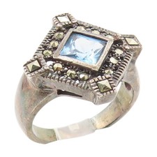 925 Sterling Silver Vintage Ring Square Cut Blue Topaz  Marcasite Sz 8 RG35145