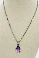 David Yurman Sterling Silver Cushion Cut Amethyst Pendant & Necklace 16" Signed