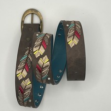 Catchfly Studio Southwest Belt Girl's XL Brown Multicolor Feathers Boho Festive