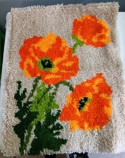 Vintage Orange Flower Latch Hook Rug Wall Hanging 26"x20"