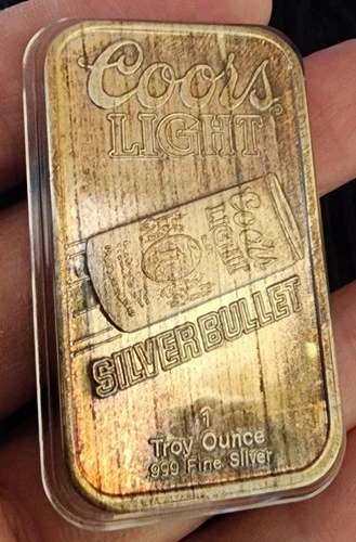 1987 1 oz .999 silver COORS LIGHT SILVER BULLET art bar SBC wood grained toning!