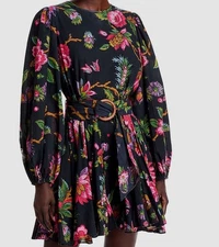 RHODE Women Blue Jenny Floral Balloon Sleeve Mini Dress Size L