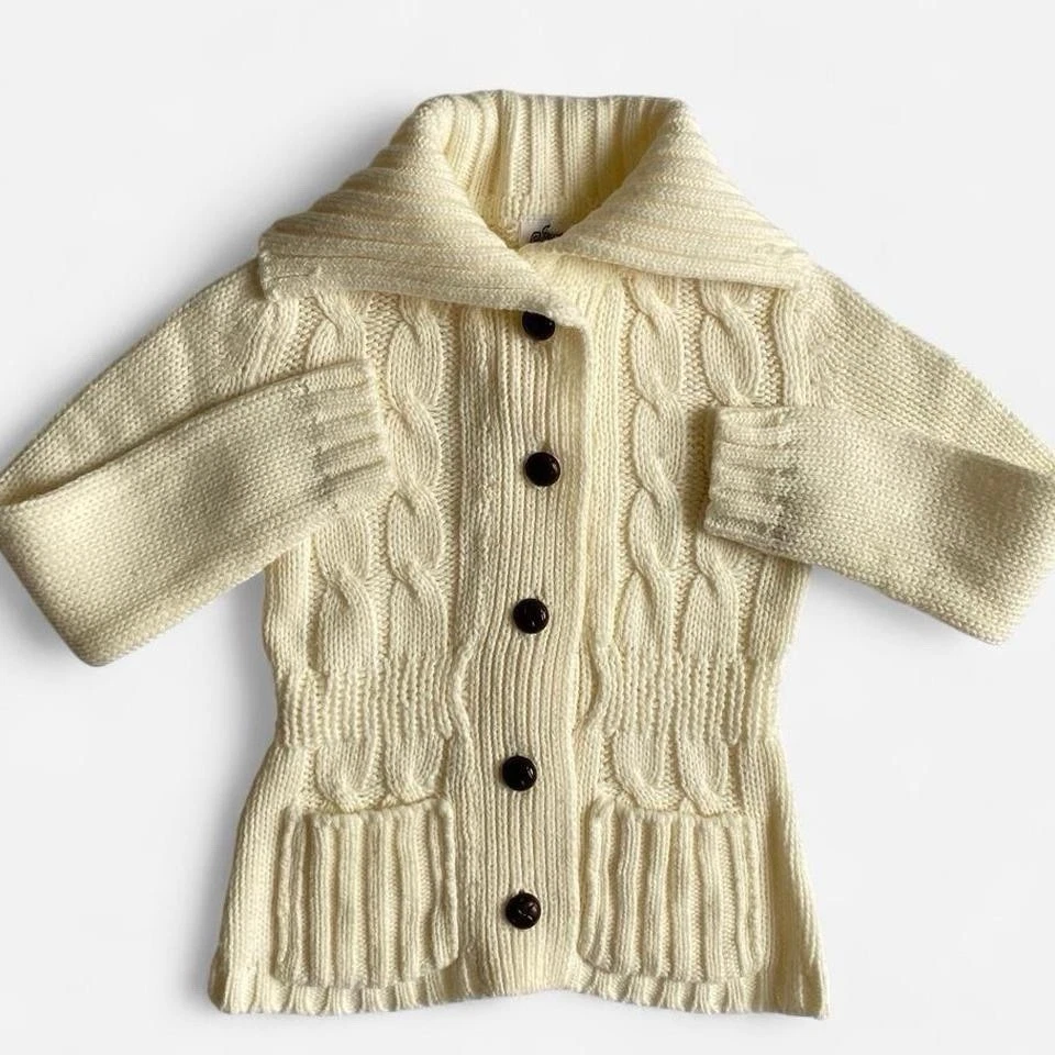 Vintage 70s Kids Ivory Cable Knit Cardigan Size S