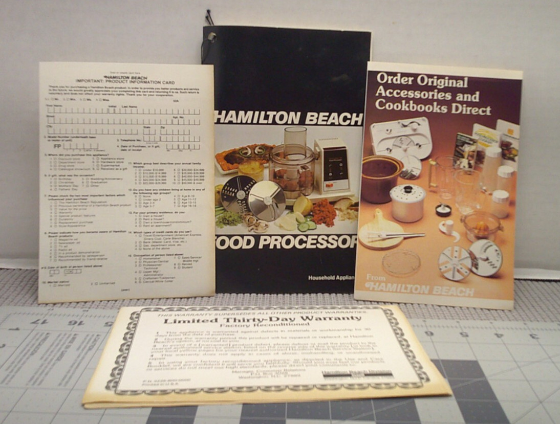 Hamilton Beach Food Processor 1978 Manual and  Accessories C