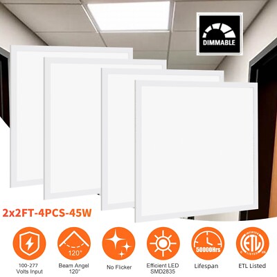 4 Pack 2x2FT LED Flat Panel Light 48W Drop Ceiling Commercial Office Home Lights