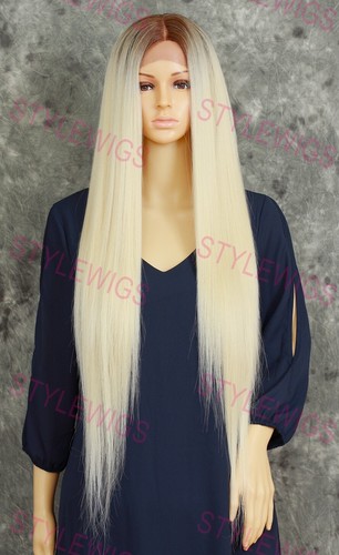 Rooted Light Blond Extra Long Straight Lace Front Human Hair Blend Wig EVEB