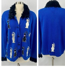 Berek VTG 80's Blue Shearling Kitty Sweater Cardigan Sz XL Cats Lover Novelty