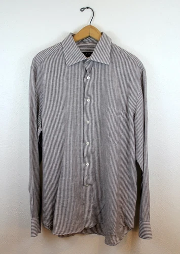 Canali 100% Linen Spread Collar Dress Shirt Striped Brown 43 / 17 XL