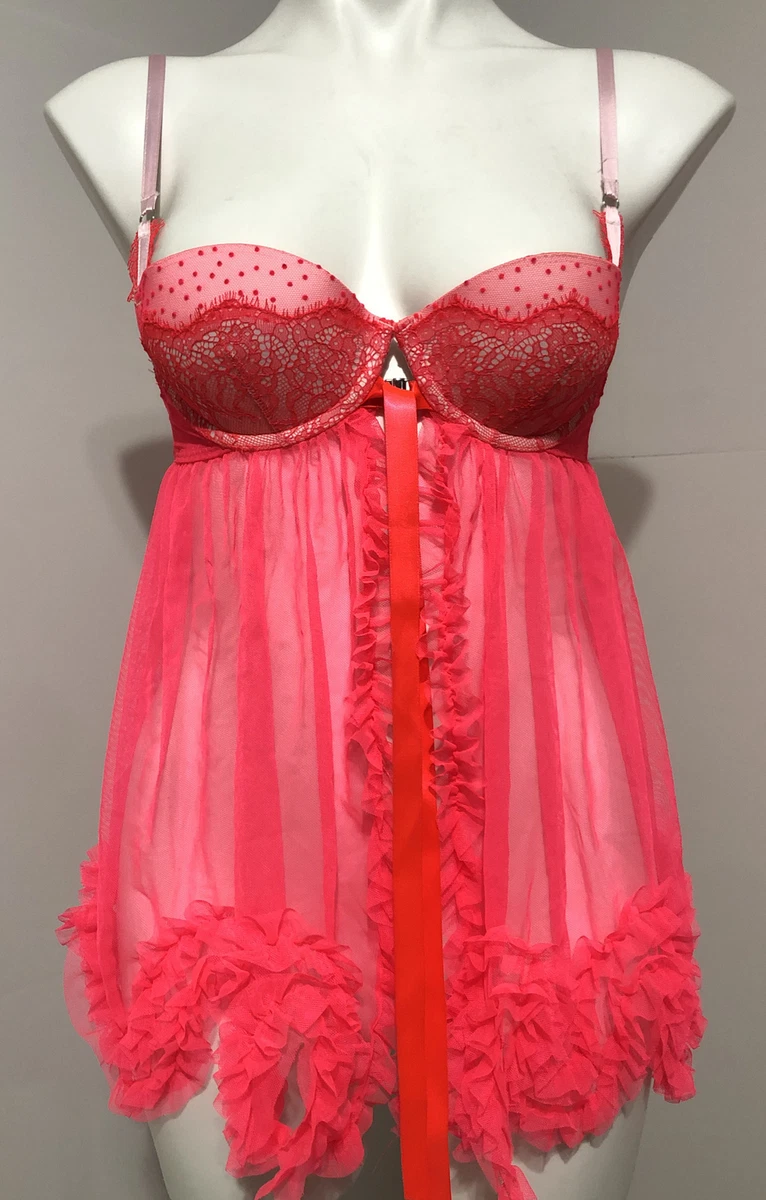 Victoria Secret Women’s Hot Pink/Orange Babydoll Night Gown Lingerie Size  34 B