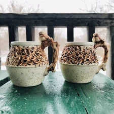 Rustic Earthenware Beige/Brown Speckled Coffee Mugs Set w/ Bird on Branch Handle