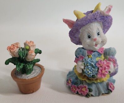 2 Resin Figures Potted Plant 1.75''  Easter Victorian Dress Bunny Rabbit 2.75''