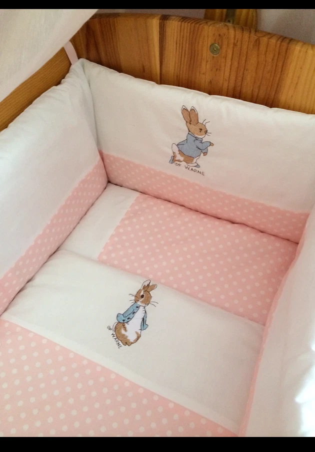 Peter Rabbit Nursery Package. Cot set nappy stacker cushion Fleece Blanket pink