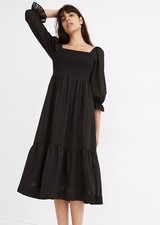 NWT $128 Madewell Lucie Elbow-Sleeve Smocked Midi Dress Black size MEDIUM