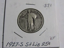 1927-S Standing Liberty Quarter #371 Scarce Date Low Mintage 396,000 minted - VF