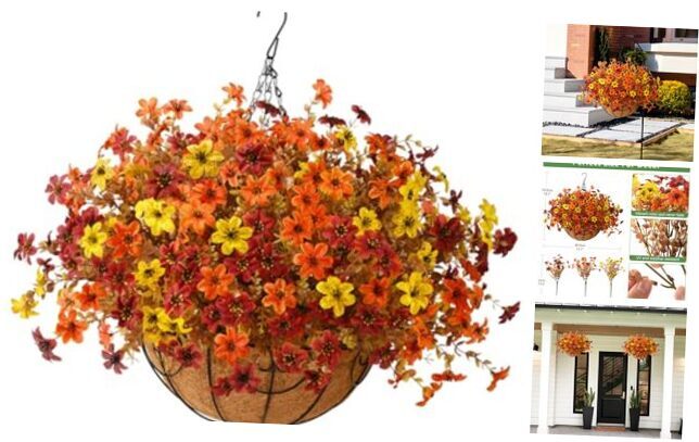 Artificial Faux Hanging Flowers Plants Basket for Outdoor Orange Brown Yellow